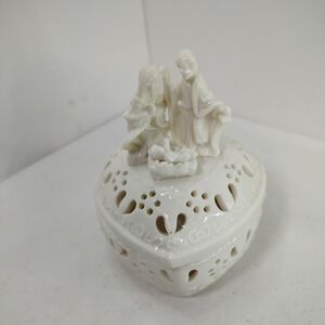 Porcelain Heart Shape Trinket Dresser Box Jesus Mary Joseph